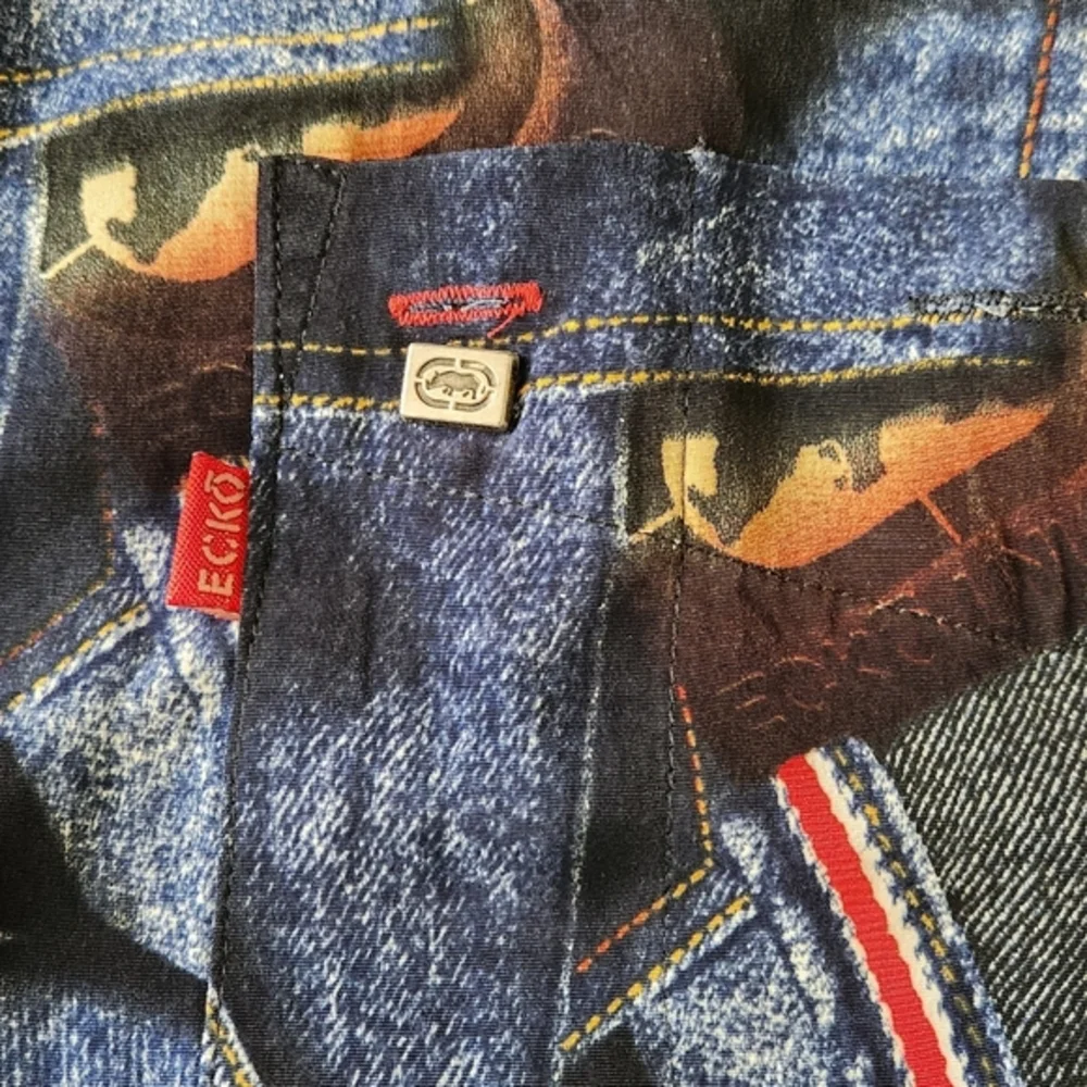 Vintage Ecko Utld RARE‎ Patchwork denim polyester button down Shirt Mens XL